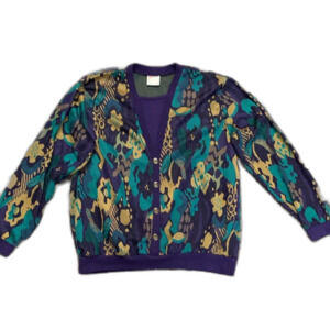 Vintage 80s Aileen Purple Abstract Print 3/4 Sleeves Layer-Looked Top Sz L